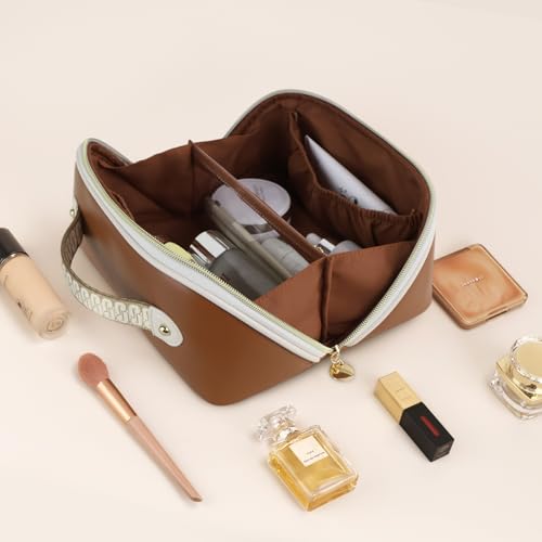 Prite Makeup Bag for Women Travel Waterproof Vegan Leather Cosmetic Bag Open Flat Toiletry Bag With Clear Divider and Handle (Dark Brown, Medium) - color: Dark Brown, size: Medium