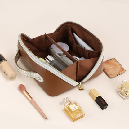 Prite Makeup Bag for Women Travel Waterproof Vegan Leather Cosmetic Bag Open Flat Toiletry Bag With Clear Divider and Handle (Dark Brown, Medium) - color: Dark Brown, size: Medium