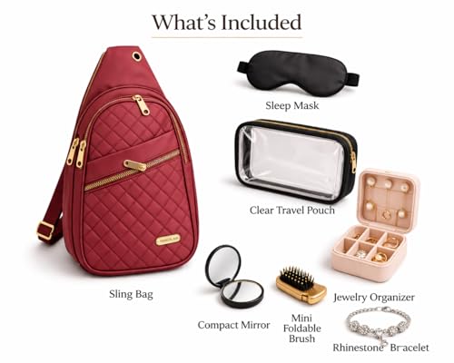 Travel Essentials Gift Set for Women – 7 Pc Travel Kit with Sling Bag, TSA Pouch, Jewelry Case & Sleep Mask - color: Burgundy