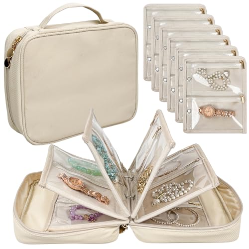 Travel Jewelry Organizer Case,Jewelry Bags for Traveling, Jewelry Binder with 24 Pcs Clear Zipper Velvet Pouches for Storing Earrings, Rings, Necklace, Bracelet, Watch (Beige) - color: Beige