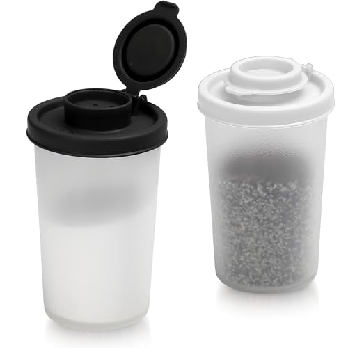 SIGNORAWARE Salt and Pepper Shakers Moisture Proof Set of 2 Large Salt Shaker to go Camping Picnic Outdoors Kitchen Lunch Boxes Travel Spice Set Clear with Red Covers Lids Plastic Airtight Dispenser - color: Black/White