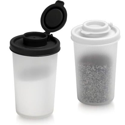 SIGNORAWARE Salt and Pepper Shakers Moisture Proof Set of 2 Large Salt Shaker to go Camping Picnic Outdoors Kitchen Lunch Boxes Travel Spice Set Clear with Red Covers Lids Plastic Airtight Dispenser - color: Black/White