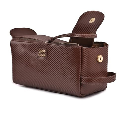 LEATHER VILLAGE Genuine Carbon Fiber Genuine Leather Travel Toiletry Bag - Large Dopp Kit, Water-Resistance Bathroom & Shaving Organizer for Men & Women - Brown - color: Carbon Brown