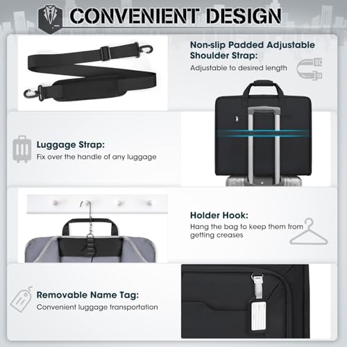 RAINSMORE Garment Bags for Travel Carry On Garment Bag for Hanging Clothes, Suit Bag for Business Trips with Shoes bag & Shoulder Strap, Waterproof Foldable Suit Luggage Bag for Men Women, Black - color: Black