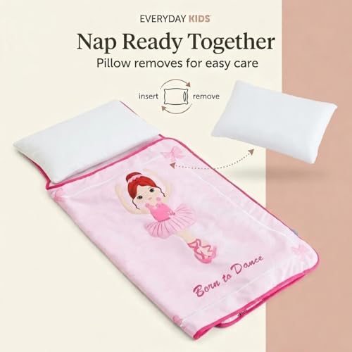 EVERYDAY KIDS Toddler Nap Mat with Removable Pillow -Born to Dance Ballerina- Carry Handle with Straps Closure, Rollup Design, Soft Microfiber for Preschool, Daycare, Sleeping Bag - Ages 2-6 Years - color: Born to Dance Ballerina