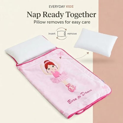 EVERYDAY KIDS Toddler Nap Mat with Removable Pillow -Born to Dance Ballerina- Carry Handle with Straps Closure, Rollup Design, Soft Microfiber for Preschool, Daycare, Sleeping Bag - Ages 2-6 Years - color: Born to Dance Ballerina