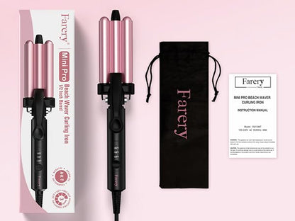 Farery Mini 3 Barrel Hair Waver, Pink | Portable Beach Wave Curling Iron, 1/2 Inch Ceramic Crimper, 3 Temp Settings & 30s Fast Heating, Dual Voltage Travel - style: Digital temp(Rose pink)