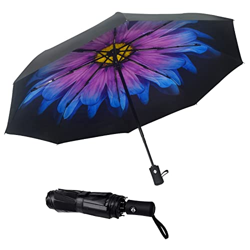 SY COMPACT Travel Umbrella - Windproof Automatic Compact Umbrella for Rain, Lightest 8-Rib, Small, Strong & Portable, Durable Grip, Fits Backpack & Car, Factory Direct (UV Available) - color: UPF-Flower purple