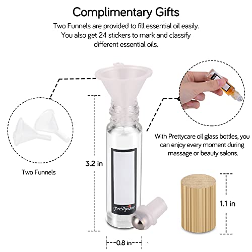 PrettyCare Essential Oil Roller Bottles 10ml (24 Pack Clear Glass Bottle with Bamboo Lid, 4 Extra Roller Balls，48 Labels, 2 Openers, 2 Funnels, 4 Droppers, Roller Balls For Essential Oils - color: Clear with Wooden Cap, size: 24 Pack