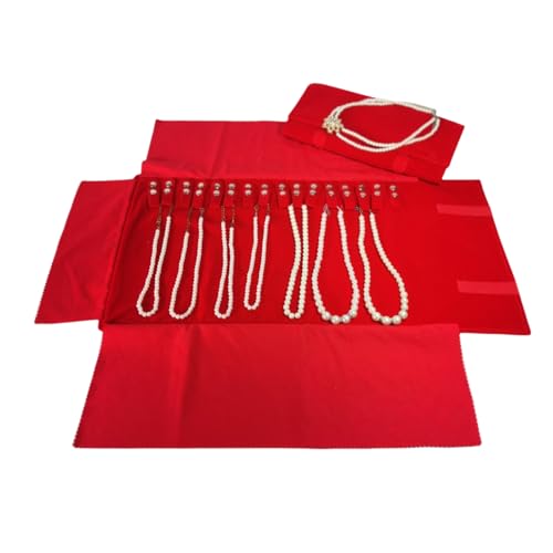 Premium Jewelry Roll Organizer for 16 Necklaces 55cm x 29cm Metal Snap & Velcro Closure - Ideal for Travel and Storage (Red) - color: Red