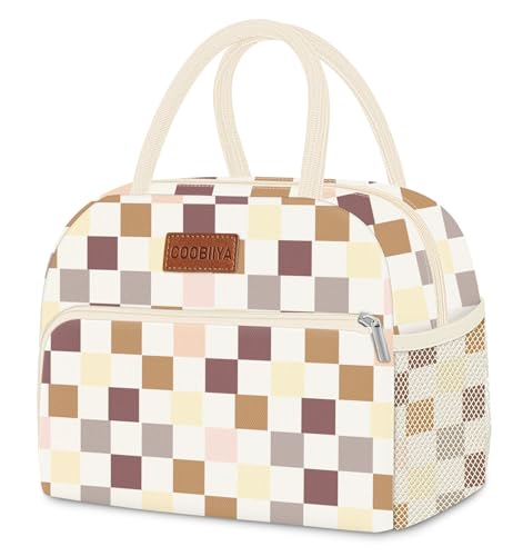 Coobiiya Lunch Bag for Women Men, Cute Corduroy Lunch Tote Bags Insulated Reusable LunchBox Large Capacity Cooler Bag for Work Travel Picnic Brown check - color: Brown check, size: A-regular