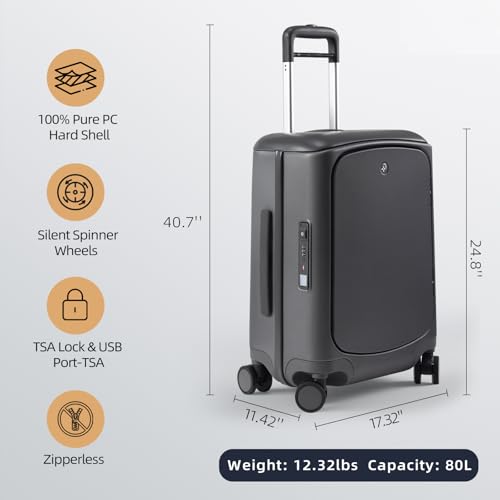 Hang Safe Checked Luggage 24 inch,PC Hard Shell Lightweight Zipperless Suitcases,360° Spinner Wheels,TSA Locks USB Charging Port,Top Travel Seat,Checked-Medium 80L Grey - color: Grey, size: 24 inch