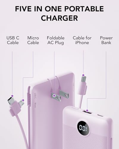 VRURC Portable Charger Built-in Cables and AC Wall Plug,USB C Power Bank 10000mAh, Travel Essentials Phone Charger Compact Lightweight External Battery Pack for Smart Phones, Tablets etc (Purple) - color: Purple
