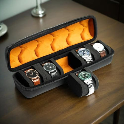 5 slot watch case for travel and storage, hard Watch Roll Organizer holder for Men and Women with microfiber lining - size: 5 slots