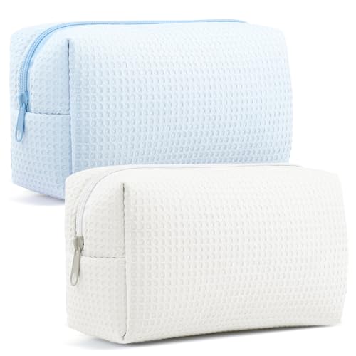 Gilprop 2Pcs Cozy Makeup Bag for Women Portable Travel Waffle Toiletry Bag Wedding Gift Soft Aesthetic Makeup Organizer Large Pouch with Zipper for Bridesmaid Lady Sister Daughter (Blue White,2 Pcs) - color: Blue White
