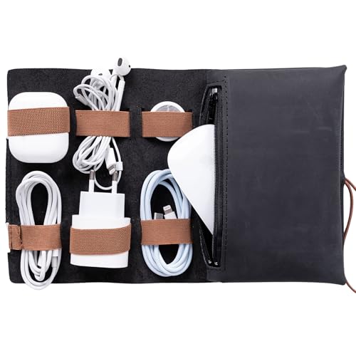 HARDISTON Genuine Leather Electronic Cable Organizer Bag Handmade Travel Cord Organizer Roll Case for Hard Drives, Cables, Charger, Phone, USB, SD Card (Medium - Black) - color: Black, size: Medium