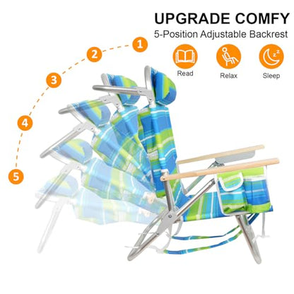 Backpack Beach Chairs for Adults Capacity 300 LBS high 5 Position Beach Chair with Pouch Straps Folding Lightweight Reclining Aluminum Wide Lay Flat Single - color: 17in Wood Light Green Stripes 1 Pack