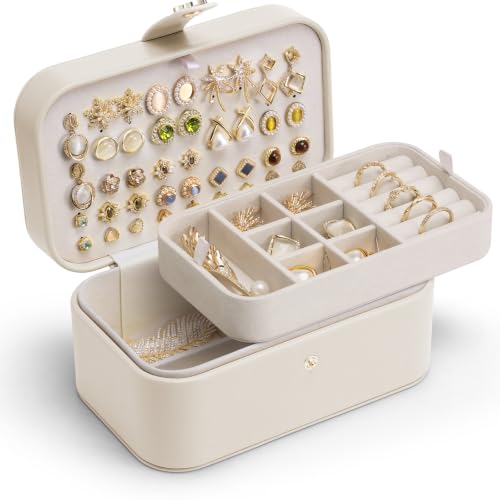 VLANDO Travel Jewelry Case, 2-Layer Jewelry Box, Portabel Travel Organizer for Necklaces, Earring, Bracelets, Ring, Watch - Large Capacity Travel Jewelry Storage - Cloud White - color: A.Beige-2 Layer