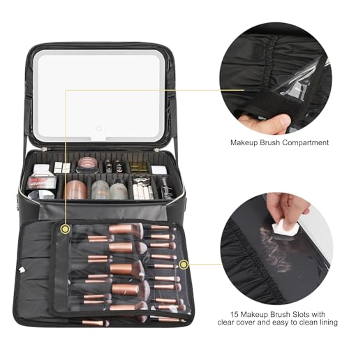 Relavel Makeup Case Large Makeup Bag with LED Mirror, Professional Train Case 16.2 inch, Travel Cosmetic Organizer Brush Holder Waterproof Makeup Artist Storage Box with Adjustable Strap - color: with led mirror black, size: Large
