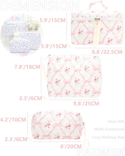 PAZIMIIK 3PCS Makeup Bag SET Large Travel Quilted Zipper Soft Cosmetic Case Pouch for Women Girls Make Up,Bow Rose - color: Bow Rose, size: 3 PCS SET