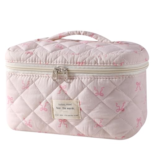 uekeboag Large Travel Quilted Makeup Bag for Women, Floral Cotton Cosmetic Bag, Coquette Aesthetic Floral Toiletry Organizer Bag - color: 18Small Pink Bow