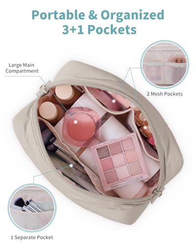 Narwey Quilted Makeup Bag for Women Girl, Puffer Travel Cosmetic Bag Puffy Make Up Bag Organizer, Cute Travel Toiletry Bag for Toiletries (Khaki) - color: Khaki