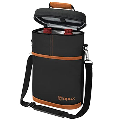 opux 2 Bottle Wine Carrier Tote, Insulated Leakproof Wine Cooler Bag, Wine Travel Bag Tote for Picnic BYOB Beach, Portable Wine Bottle Carrying Case, Gift for Wine Lover Women Men Christmas, Brown - color: Brown