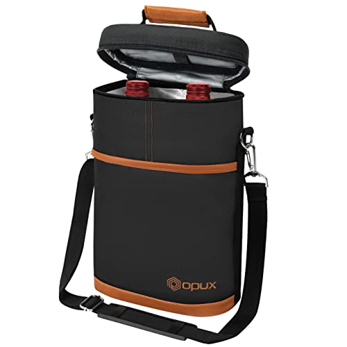 opux 2 Bottle Wine Carrier Tote, Insulated Leakproof Wine Cooler Bag, Wine Travel Bag Tote for Picnic BYOB Beach, Portable Wine Bottle Carrying Case, Gift for Wine Lover Women Men Christmas, Brown - color: Brown