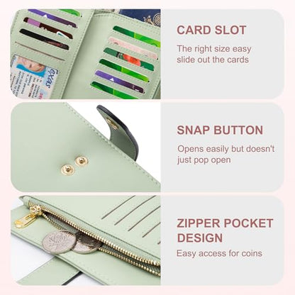 yiijay Wallets for Women RFID Blocking Leather Trifold Clutch Wallet Credit Card Holder Ladies Travel Wallet Purse with Pen Holder - color: 1Green