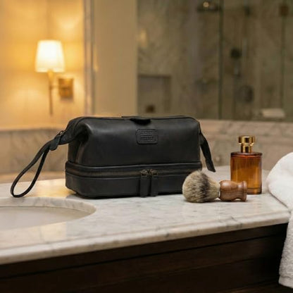 LEATHER VILLAGE Genuine Leather Dopp Kit – Large Travel Toiletry Bag with Waterproof Lining, Dual-Zip Design for Men & Women, Organizer for Shaving, Makeup & Essentials - Black - color: Black