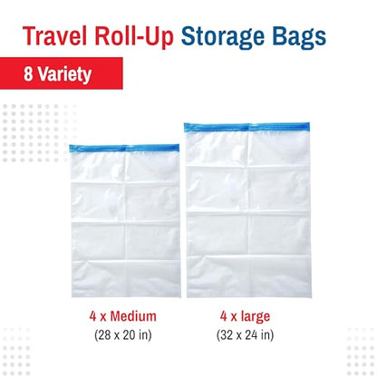 Spacesaver Roll Up Vacuum Storage Bags for Jackets, Suits, Dresses & Clothes – Sealed Compression Bags with Hand Pump – Space Saver Bags for Moving, Travel & Organization - Pack of 8
