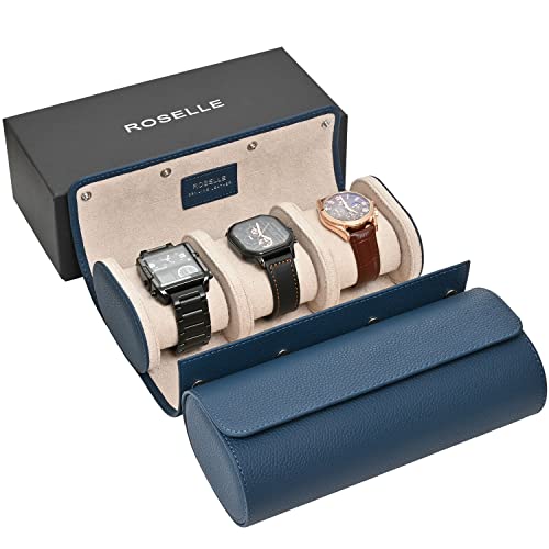 ROSELLE Genuine Leather Watch Roll Travel Case - Watch Roll Case For 3 Watches With Luxury Lining - Protect, Travel,Store, & Display Fine Watches (3 slot Blue) - color: Blue / White-3