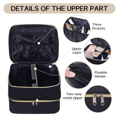 Double Layer Makeup Bag Portable Large Cosmetic Case Organizer with Adjustable Dividers Storage Travel Bag for Accessories Brushes Conditioner and Skin Care Products (Black)