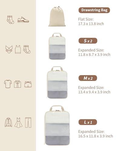 ECOHUB 6 Set Compression Packing Cubes, Lightweight Beach Vacation Travel Essentials Durable Travel Accessories for Suitcase Carry On Luggage Organizer Bags with YKK Zippers Shoe Bag, Beige - color: Beige
