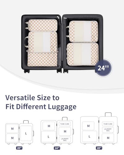 Narwey 6 Set Compression Packing Cubes for Travel Women Men, Travel Cubes for Carry On Suitcase, Durable Compression Luggage Organizer Bags - color: ZZ-Light Checkerboard