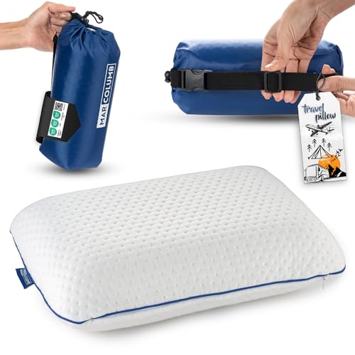 Travel & Camping Comfortable Memory Foam Pillow – Easy to Carry Portable Bag – Temperature Regulating Pillow Case - Perfect for Travelling (White) - color: White