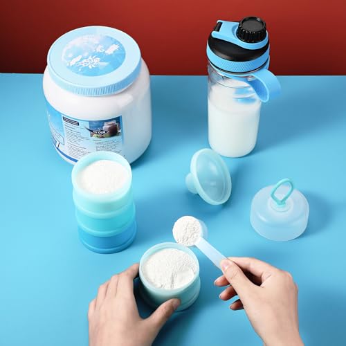 Baderke 2 Pcs Protein Powder Container with Funnels Stand, 4 Stackable Leakproof Protein Powder Dispenser, Portable Keychain Powder Container for Workout, Fitness, Travel(Blue) - color: Blue