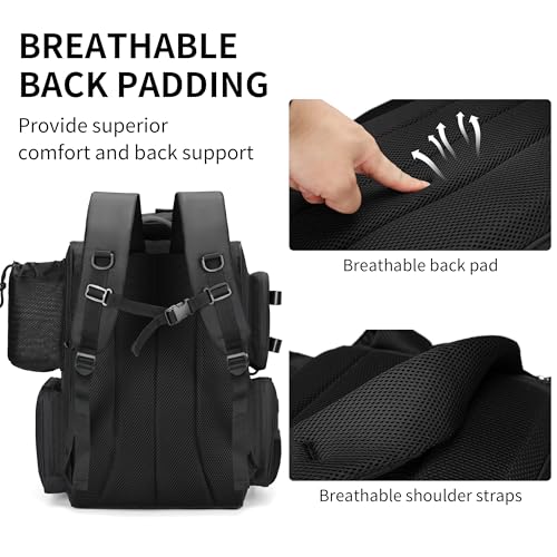 Rabjen Fishing Tackle Backpack with Rod Holders, Bottle Holder, Storage Bag Store Fishing Gear - color: Black
