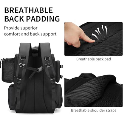 Rabjen Fishing Tackle Backpack with Rod Holders, Bottle Holder, Storage Bag Store Fishing Gear - color: Black