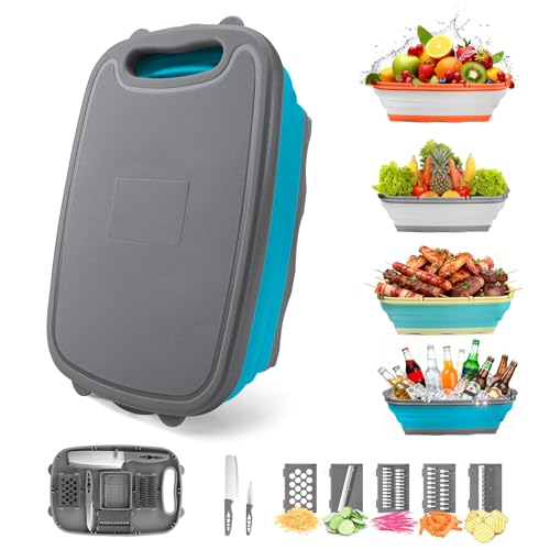 Gintan Collapsible Camping Cutting Board, 9-in-1 Chopping Board with Colander, Kitchen Vegetable Washing Basket for Camping, Camping Gifts Camping Accessories for RV Campers (Blue+Grey) - color: Blue Gray