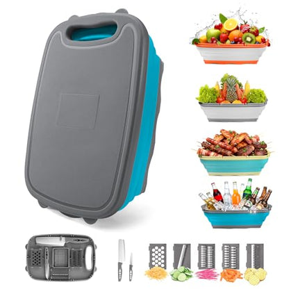 Gintan Collapsible Camping Cutting Board, 9-in-1 Chopping Board with Colander, Kitchen Vegetable Washing Basket for Camping, Camping Gifts Camping Accessories for RV Campers (Blue+Grey) - color: Blue Gray