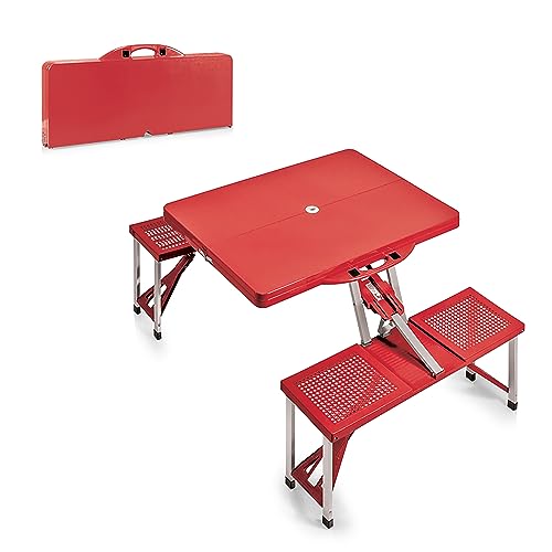 Picnic TIME Portable Folding Picnic Table with Seats for 4, Collapsible Aluminum Table with Benches & Umbrella Hole, Lightweight Foldable Table for Camping, Travel, Backyard, Tailgating | with Umbrella Hole - color: Red
