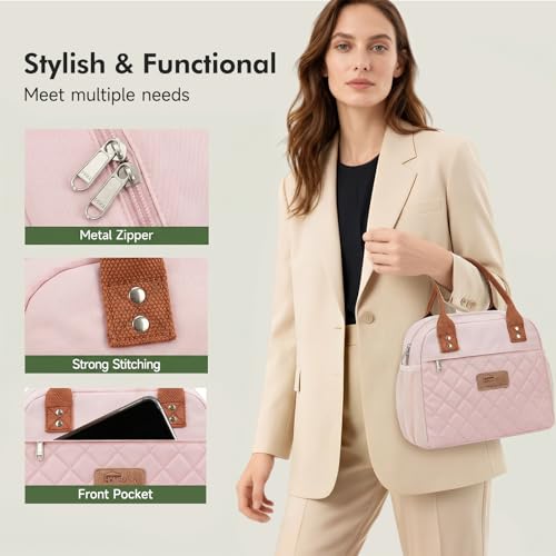 HOMESPON Insulated Lunch Bag for Women Men Adults Lunch Tote with Front Pocket Lunch Box Container Cooler Bag for Work Picnic (Pink) - color: Pink