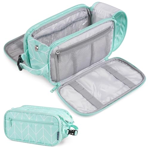 PAVILIA Toiletry Bag for Men Women, Hanging Travel Dopp Kit Organizer, PU Leather Water-Resistant Bathroom Bag for Shaving Grooming, Large Capacity Cosmetic Bag Travel Essentials, Teal Chevron - color: Teal Chevron, size: Extra Large (12.5x6x7)