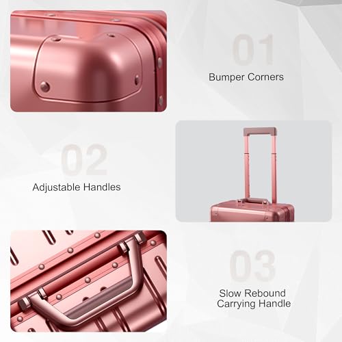VentureVault All Aluminum Carry On Luggage 22x14x9 Airline Approved，Zipperless Luggage Premium Aluminum Suitcase Luggage, Hard Shell Carry On Luggage with Spinner Wheels (rose gold, 20inch) - color: Rose Gold, size: 20inch