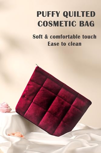 Puffy Quilted Makeup Bag, Cosmetic Bag, Travel Toiletry Organizer Pouch, Clutch for Women(Wine Red - Velvet) - color: Wine Red - Velvet