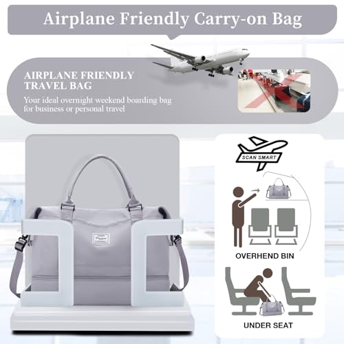 Weekender Bags for Women,Personal Item Travel Bag with Shoes Compartment,Overnight Travel Duffel Bag with Toiletry Bag - color: Grey, size: Large