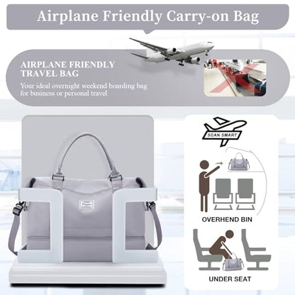Weekender Bags for Women,Personal Item Travel Bag with Shoes Compartment,Overnight Travel Duffel Bag with Toiletry Bag - color: Grey, size: Large