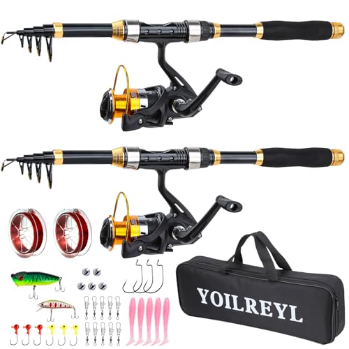 Yoilrey Fishing Rod and Reel Combo – 5.9ft Telescopic Fishing Pole Starter Kit with Spinning Reel, Fishing Line, Lure Box & Tackle Bag for Travel - color: ï¼ 2 packï¼ Black and Gold