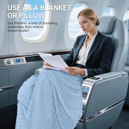 Travel Blanket and Pillow-2-in-1, Ultra-Soft&Compact, Airplane Blanket with Hand Luggage Belt and Backpack Clip,Travelers Accessories Gifts, 61x43 Inches（Blue） - color: Blue